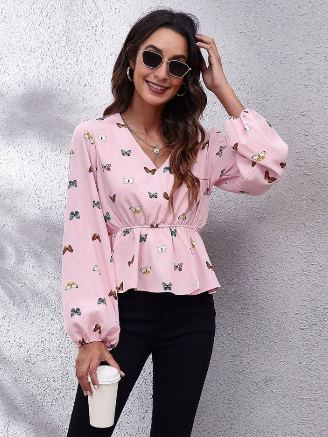 Printed Butterfly V-Neck Peplum Blouse – Long Sleeve, Work to Weekend