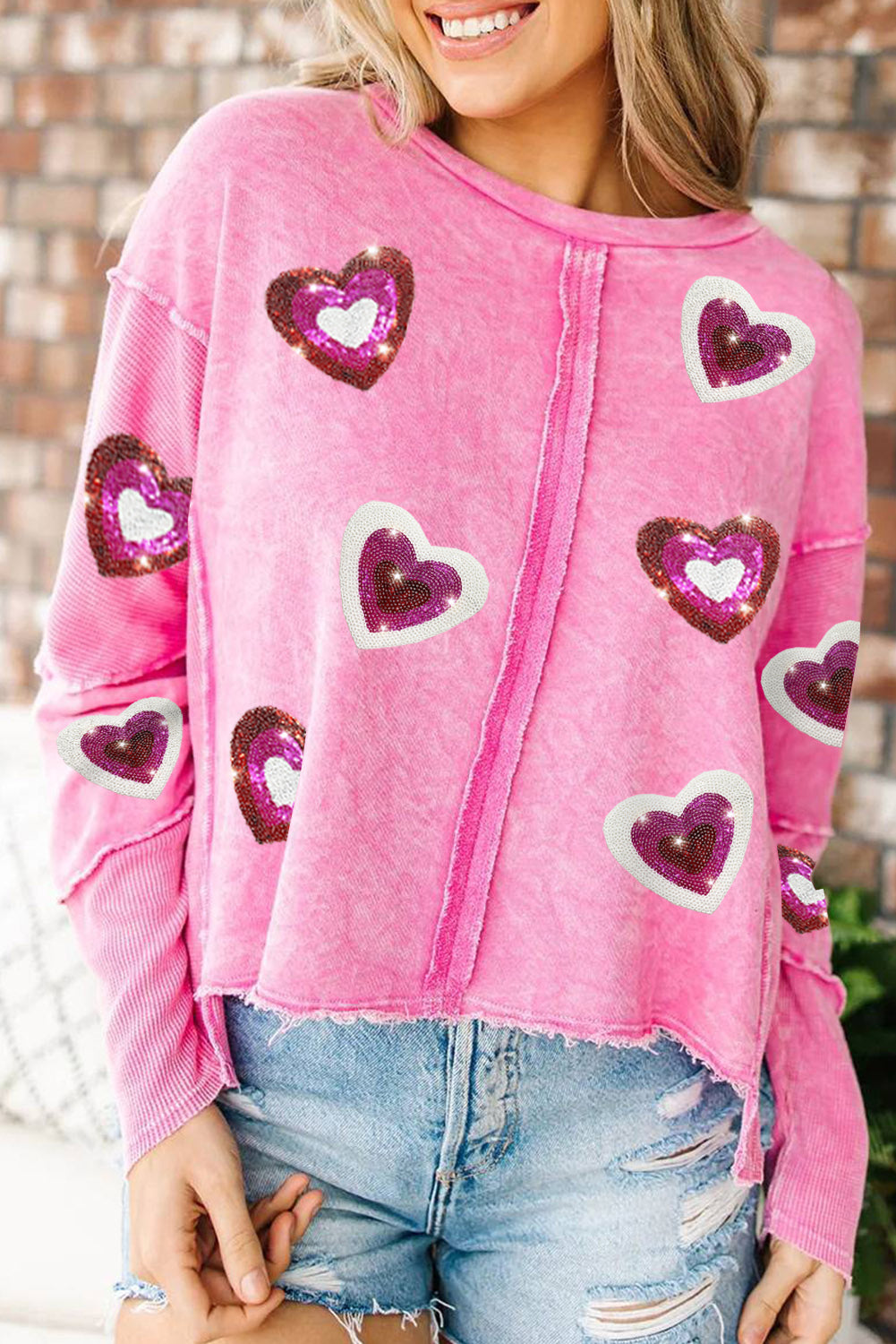 Rose Sequin Heart Shaped Exposed Seam Pullover Sweatshirt, valentines sweatshirt, all over heart top, casual top