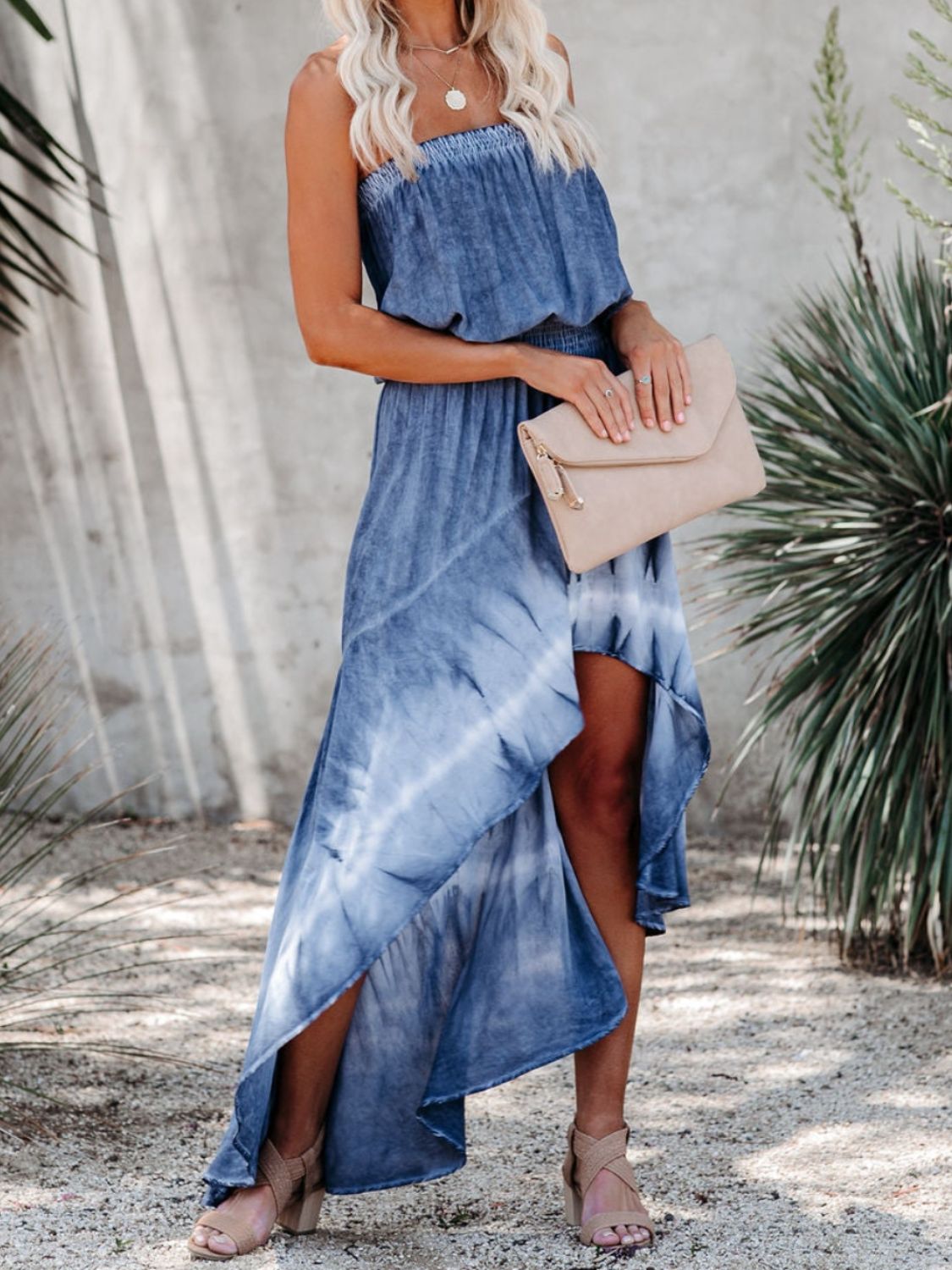 Smocked High-Low Tube Denim Dress