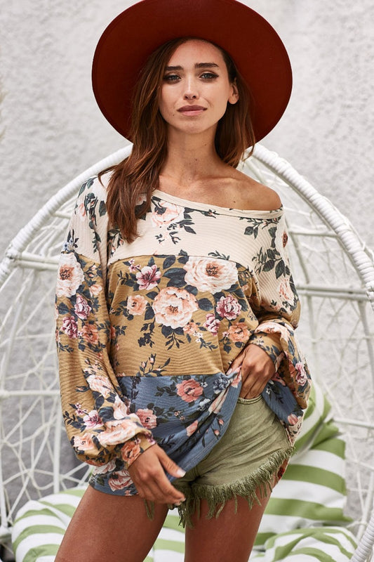 BiBi Floral Jacquard Color Block Top