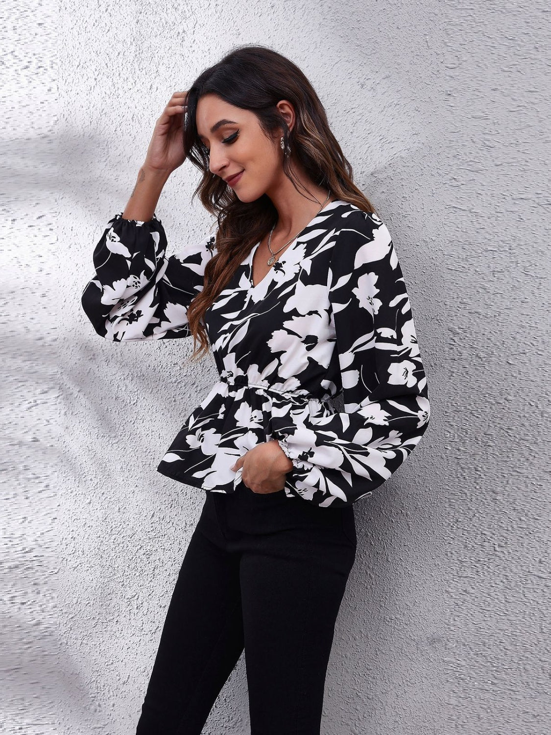 Printed Butterfly V-Neck Peplum Blouse – Long Sleeve, Work to Weekend