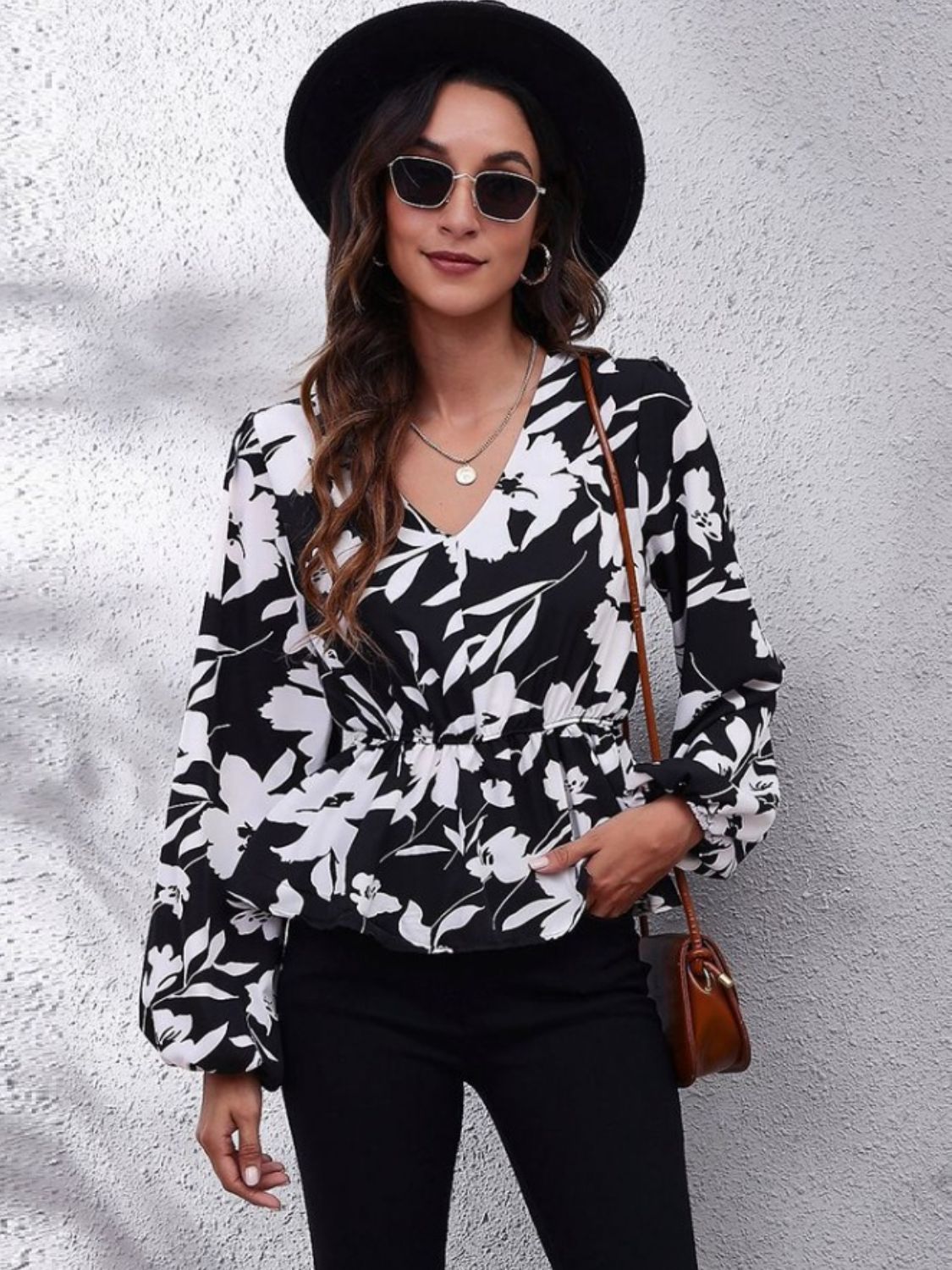 Printed Butterfly V-Neck Peplum Blouse – Long Sleeve, Work to Weekend