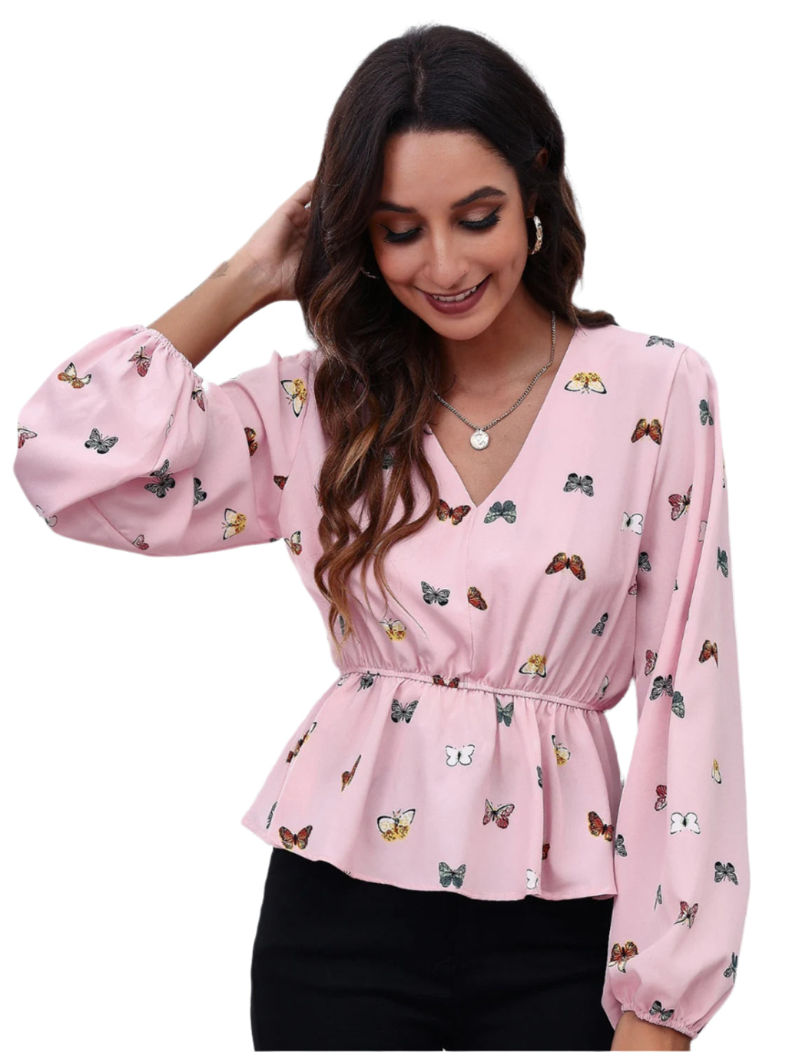 Printed Butterfly V-Neck Peplum Blouse – Long Sleeve, Work to Weekend