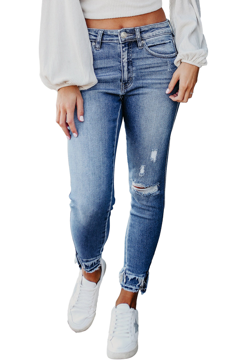Light Blue Distressed Frayed Ankle Skinny Jeans, Plus Size Jeans, Torn Jeans, mid rise jeans