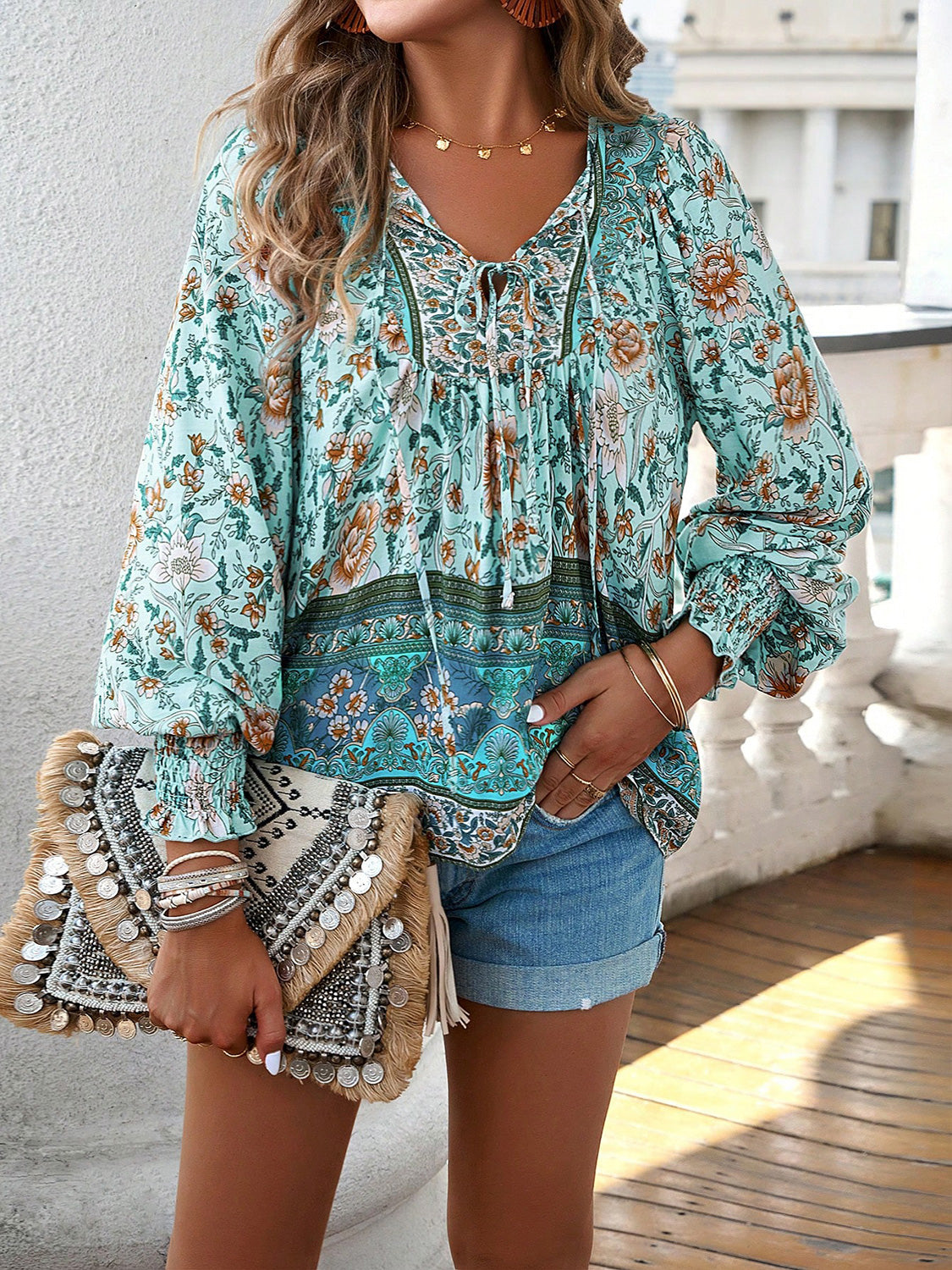 Bohemian Tie Neck Lantern Sleeve Blouse