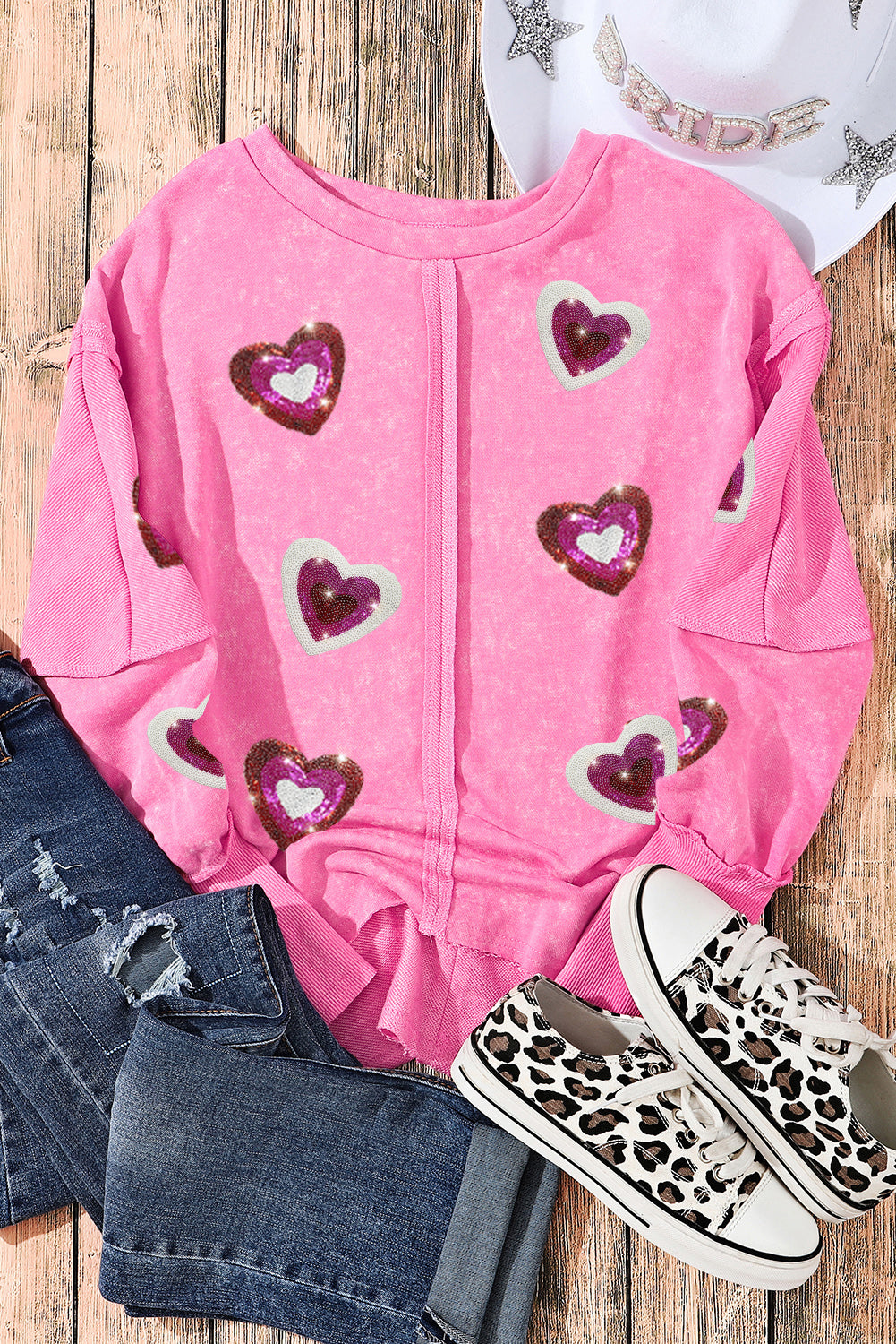 Rose Sequin Heart Shaped Exposed Seam Pullover Sweatshirt, valentines sweatshirt, all over heart top, casual top