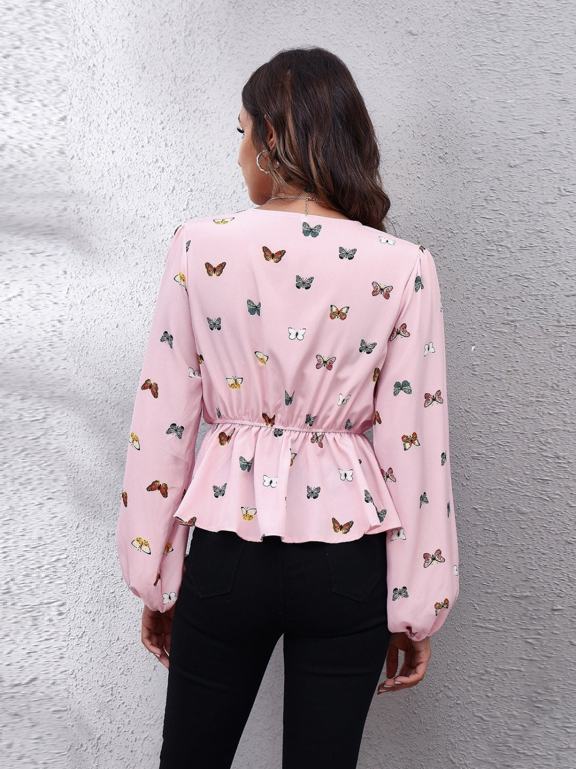 Printed Butterfly V-Neck Peplum Blouse – Long Sleeve, Work to Weekend