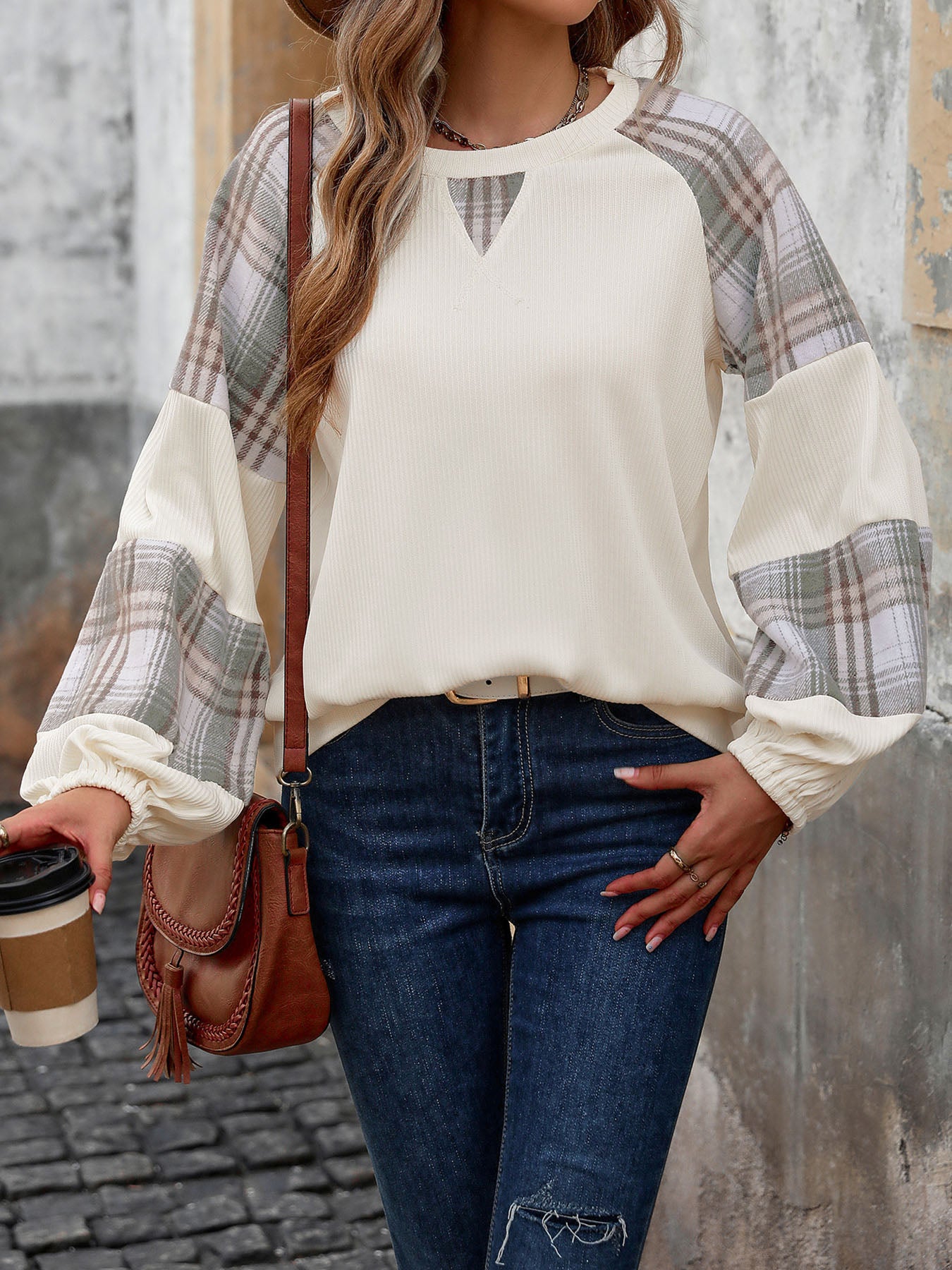 Plaiid Round Neck Long Sleeve Sweatshirt