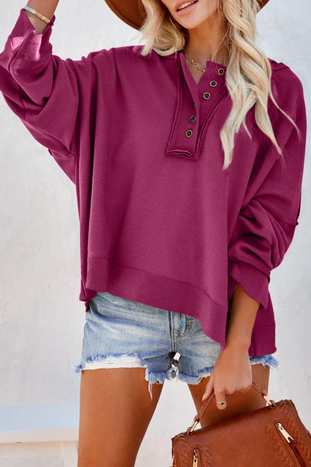 Quarter-Button Exposed Seam Dropped Shoulder Hoodie - La Pink
