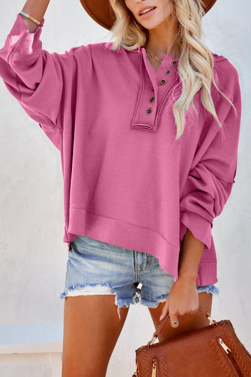 Quarter-Button Exposed Seam Dropped Shoulder Hoodie - La Pink