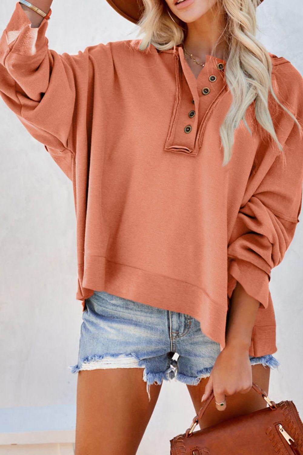 Quarter-Button Exposed Seam Dropped Shoulder Hoodie - La Pink