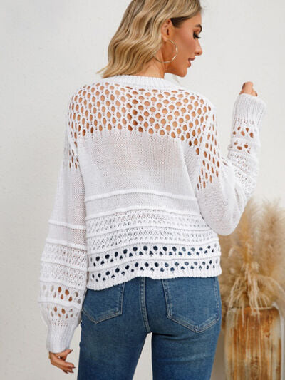 Solid Color Pointelle Knit Puff Sleeve Sweater