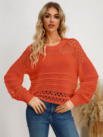Solid Color Pointelle Knit Puff Sleeve Sweater