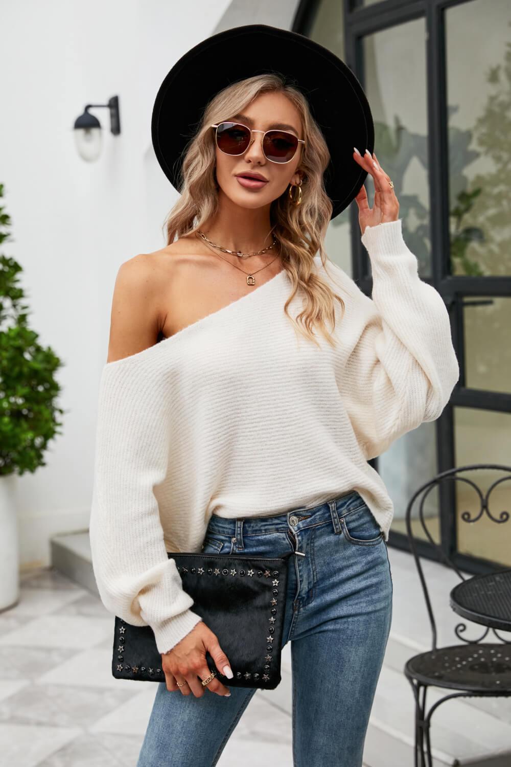 Boat Neck Horizontal Ribbing Dolman Sleeve Sweater - La Pink