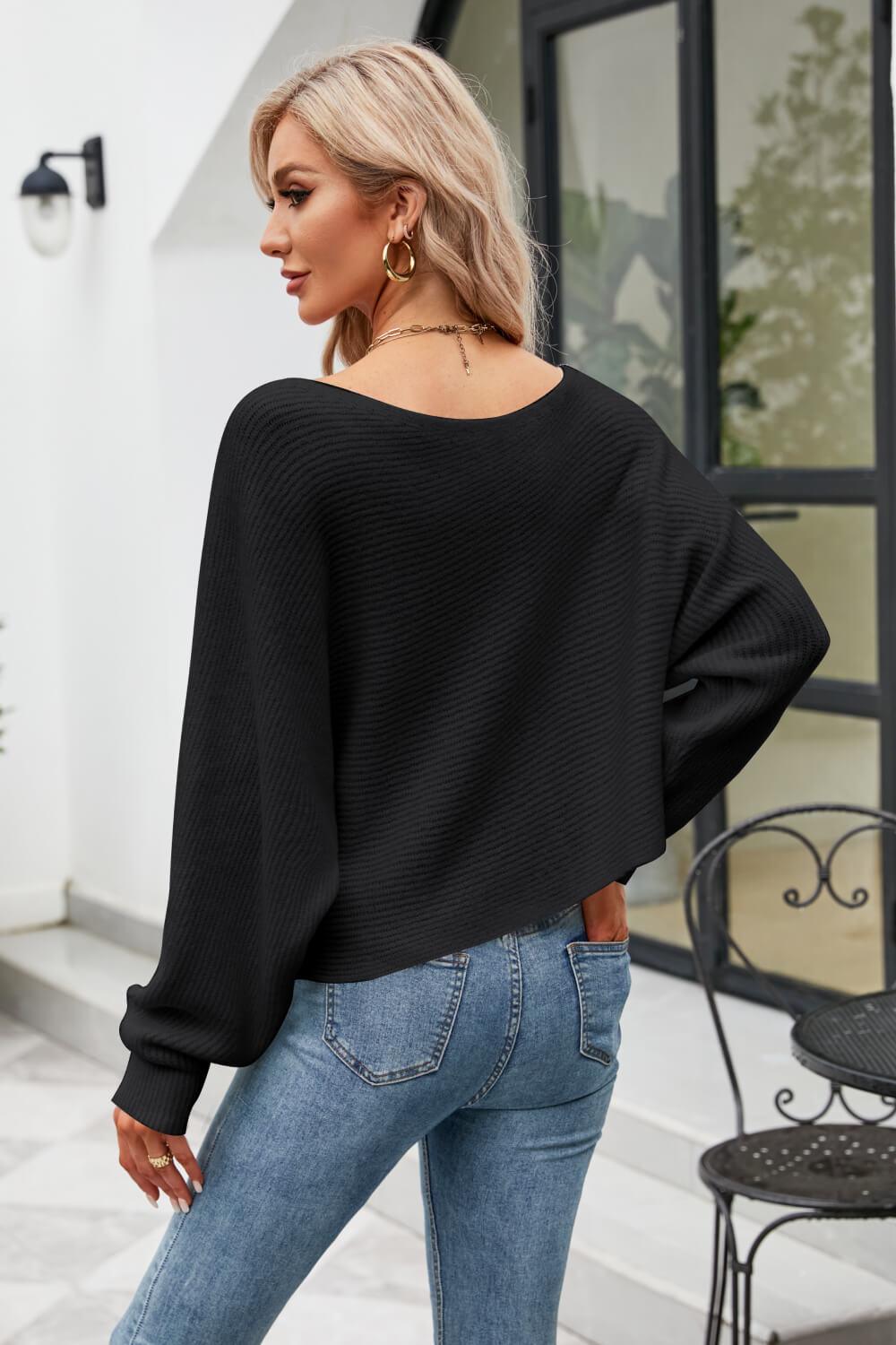 Boat Neck Horizontal Ribbing Dolman Sleeve Sweater - La Pink