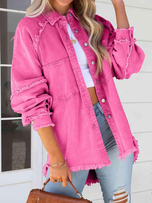 Button Down Raw Hem Denim Jacket - La Pink