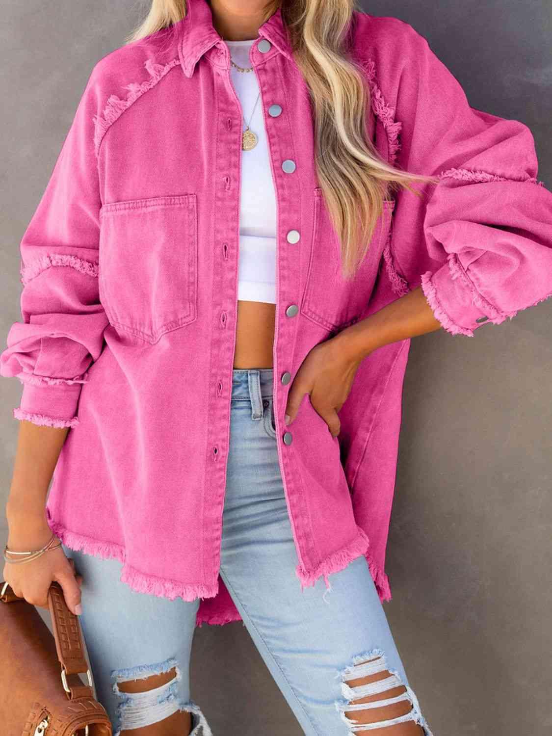 Button Down Raw Hem Denim Jacket - La Pink