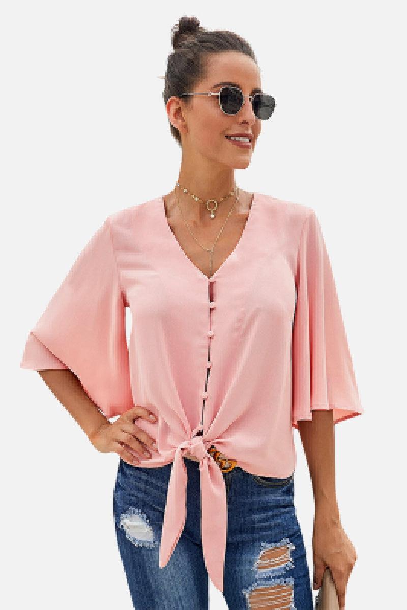 Button Tie Top - La Pink