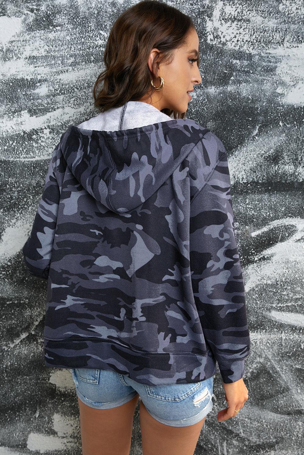 Camouflage Drawstring Detail Zip Up Hooded Jacket - La Pink