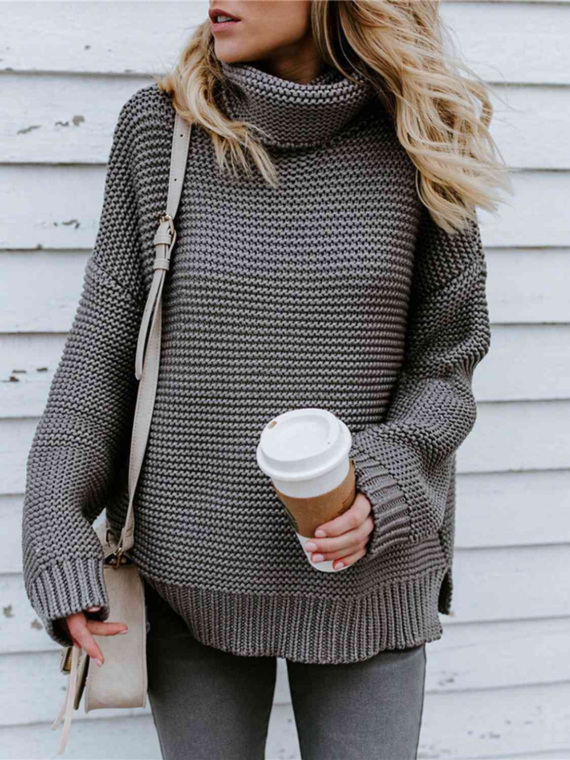 Turtleneck Dropped Shoulder Slit Sweater