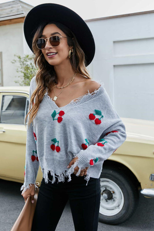 Cherry Pattern Frayed Trim V-Neck Sweater - La Pink