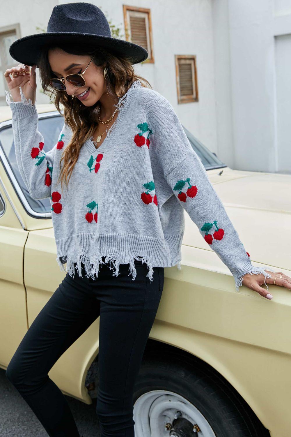 Cherry Pattern Frayed Trim V-Neck Sweater - La Pink