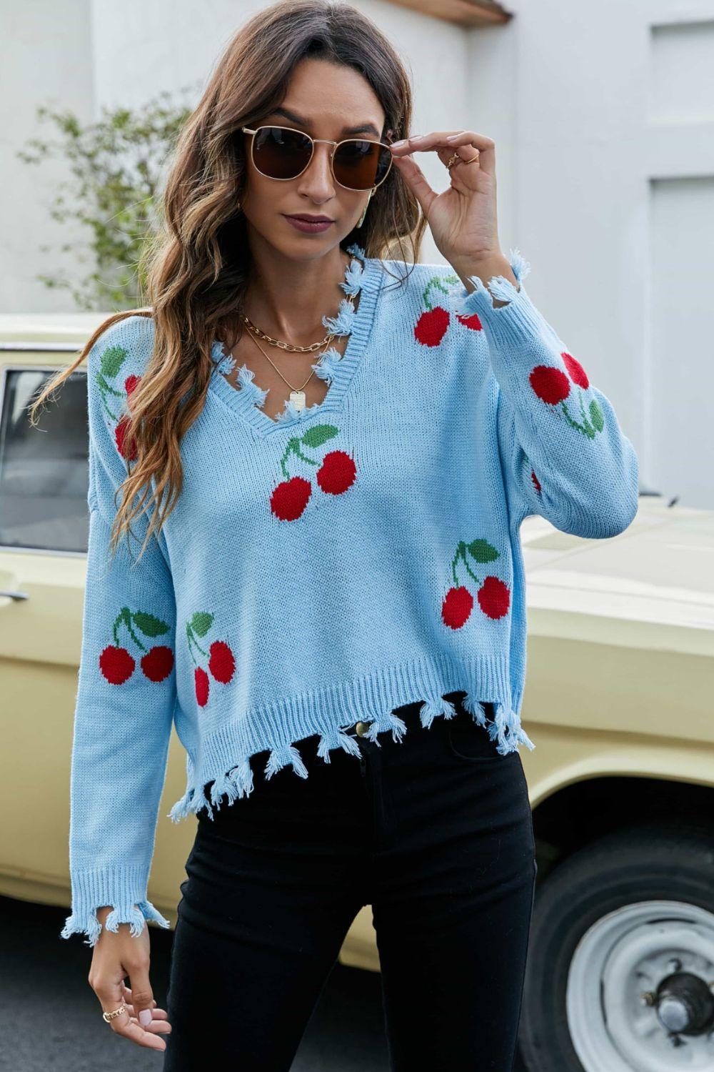 Cherry Pattern Frayed Trim V-Neck Sweater - La Pink