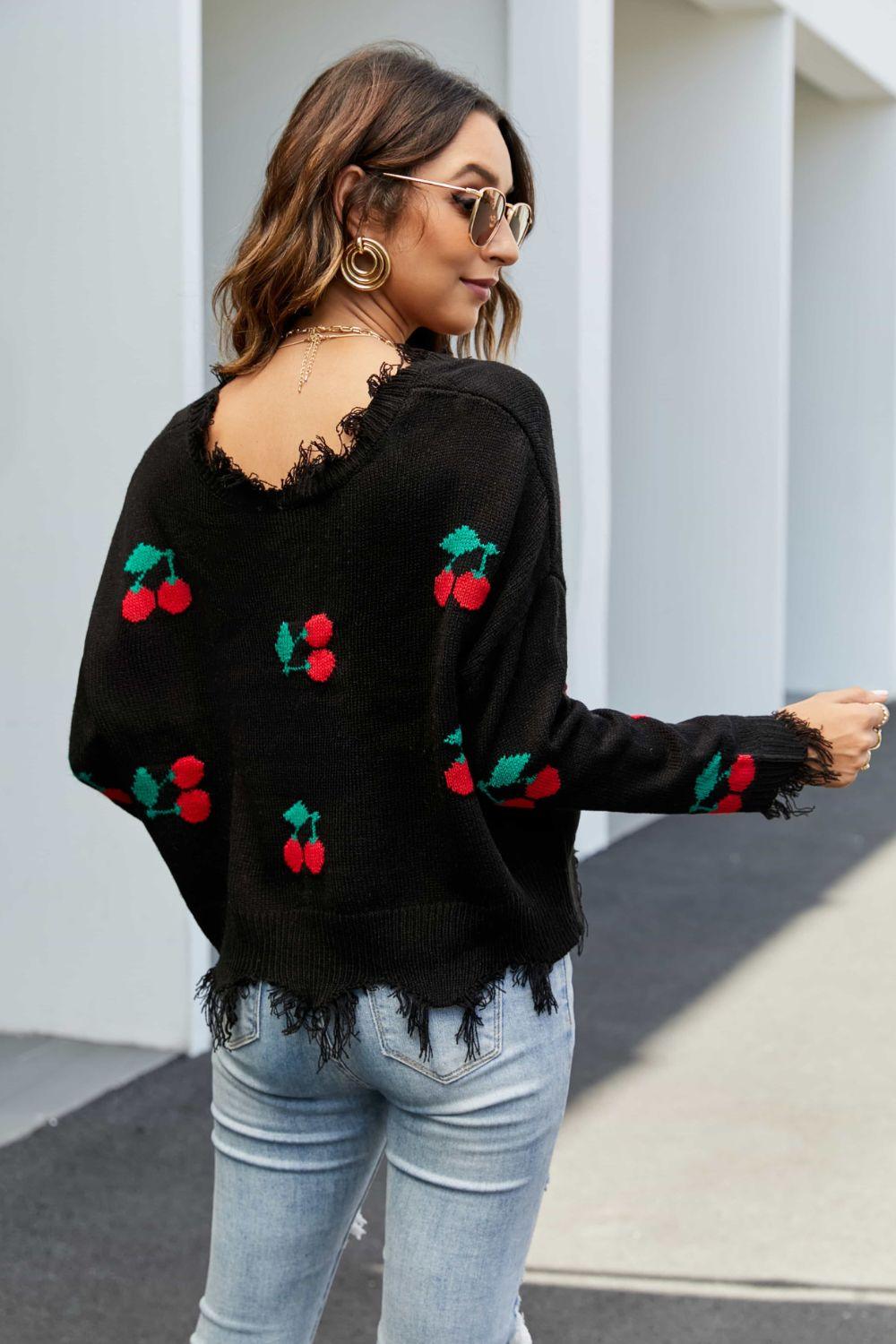 Cherry Pattern Frayed Trim V-Neck Sweater - La Pink