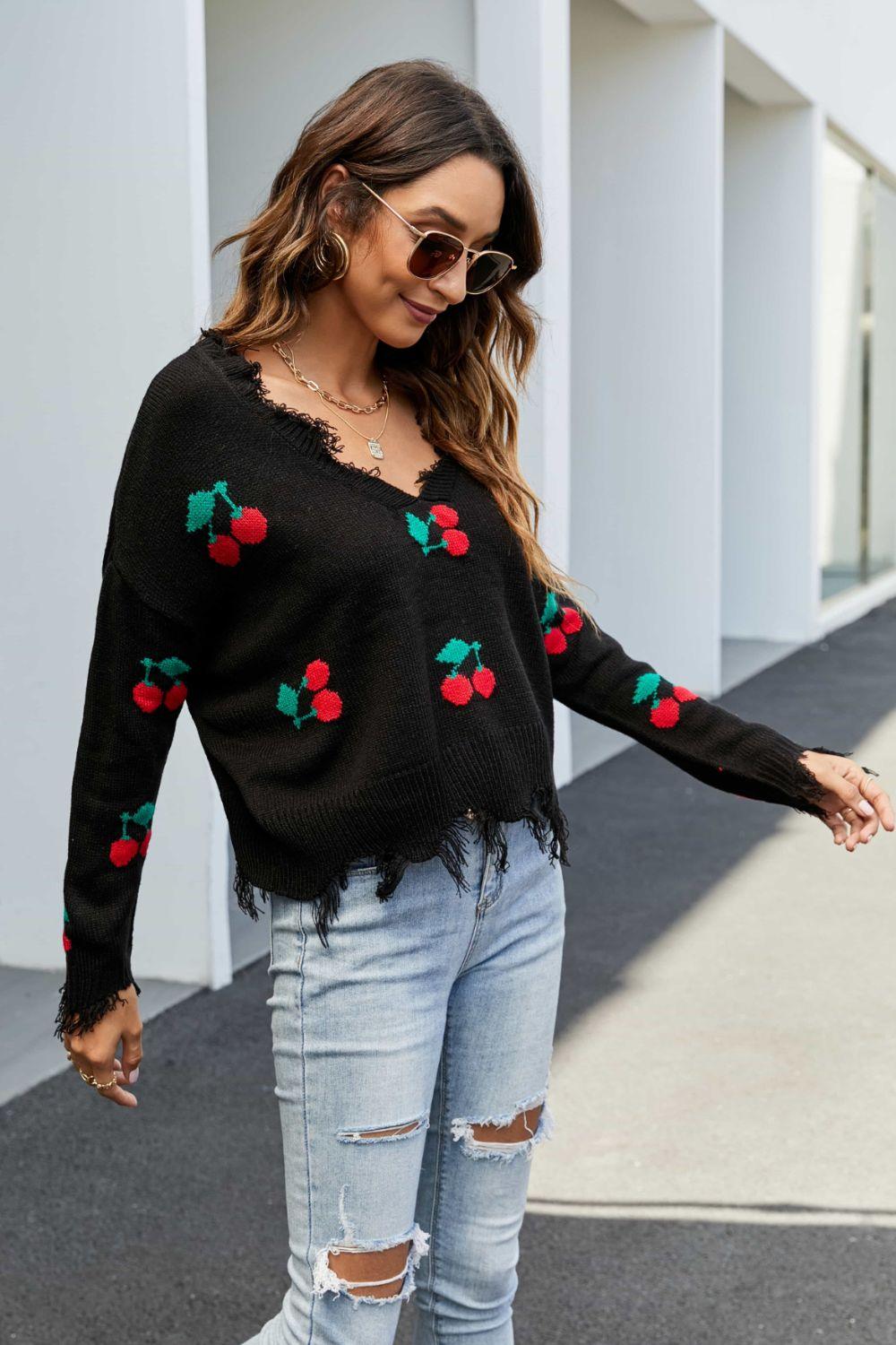 Cherry Pattern Frayed Trim V-Neck Sweater - La Pink