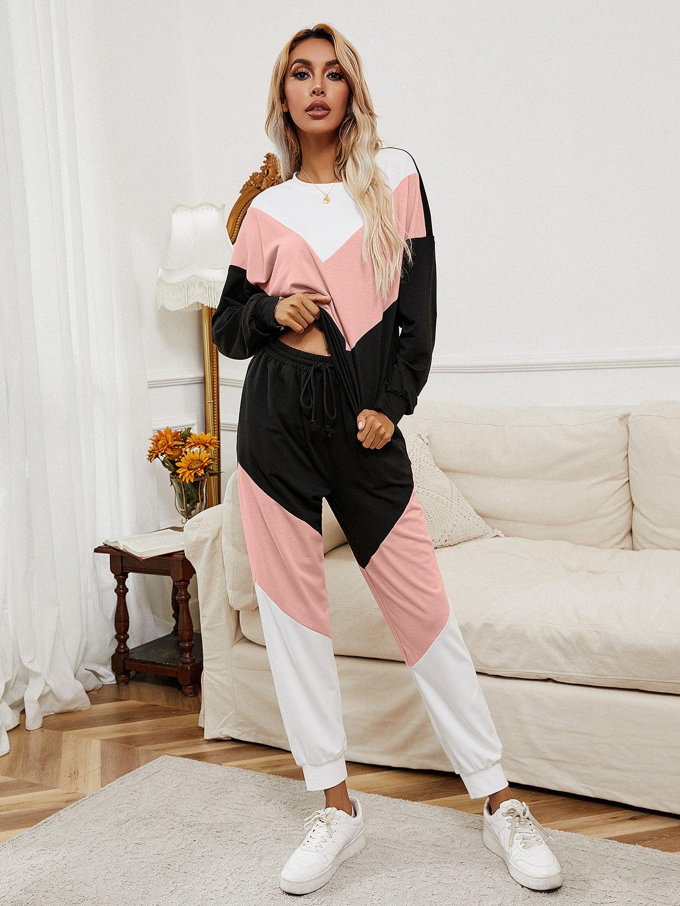 Chevron Color Block Sweatshirt and Joggers Set - La Pink