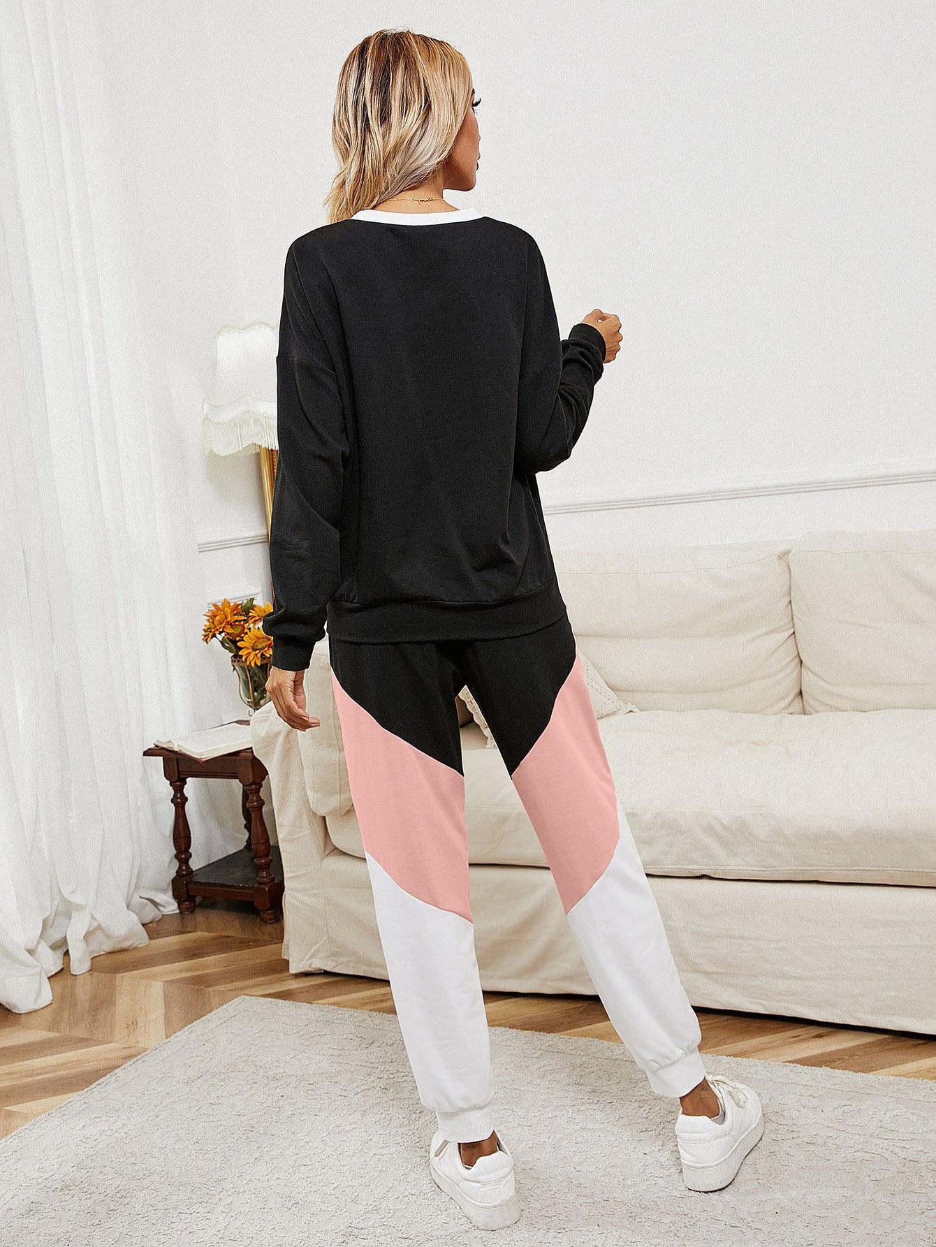 Chevron Color Block Sweatshirt and Joggers Set - La Pink