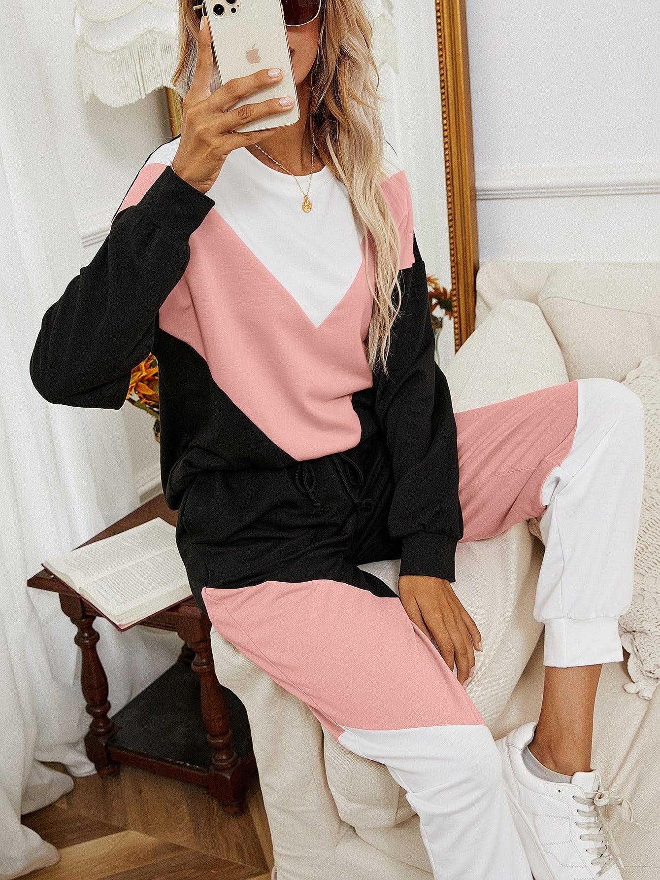 Chevron Color Block Sweatshirt and Joggers Set - La Pink