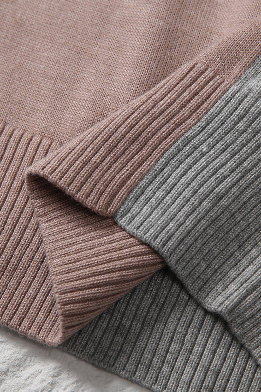Color Block V-Neck Ribbed Trim Sweater - La Pink