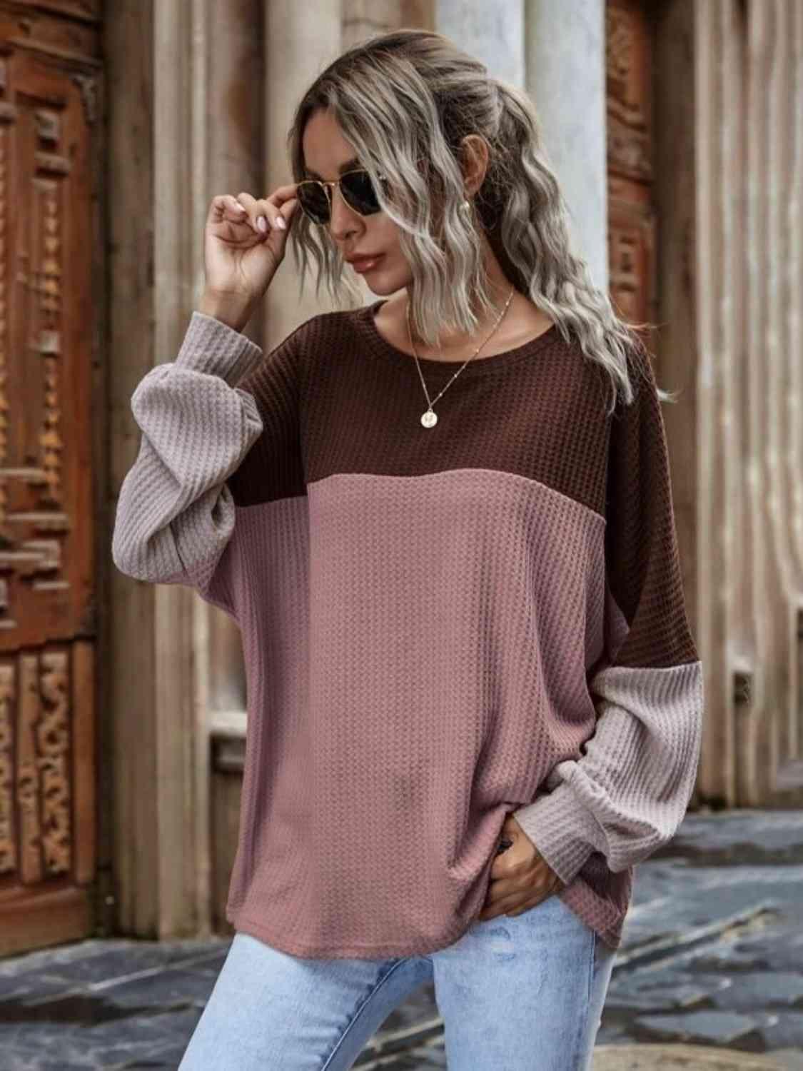 Color Block Waffle-Knit Long Sleeve Top - La Pink