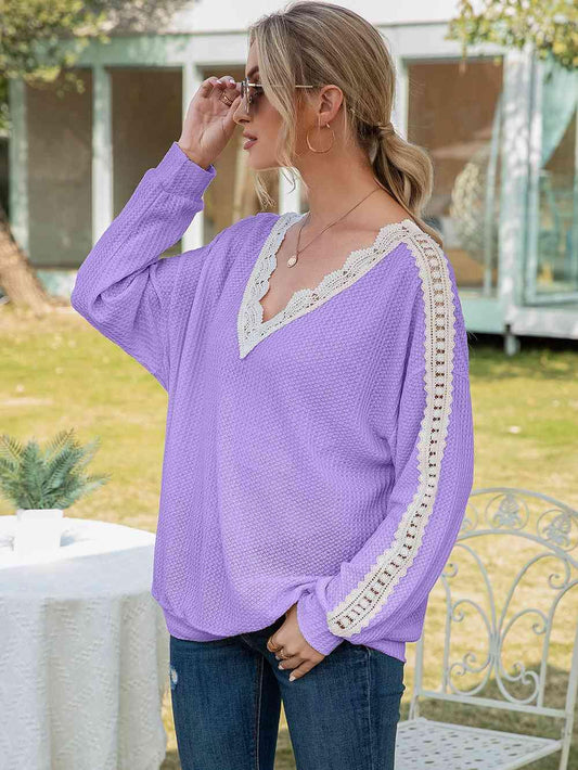 Contrast Spliced Lace V-Neck Top - La Pink