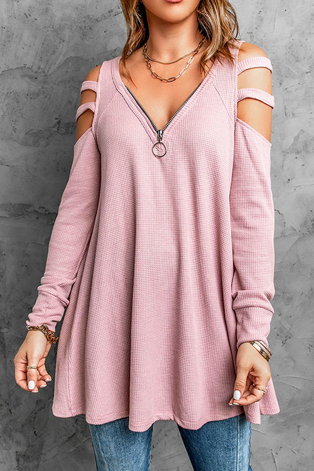 Cutout Waffle Knit Tunic Top - La Pink