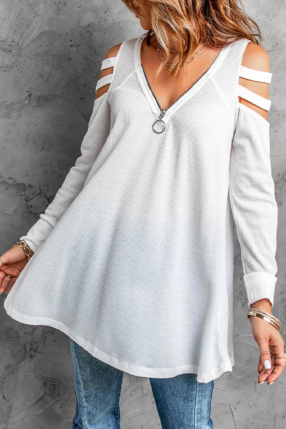 Cutout Waffle Knit Tunic Top - La Pink