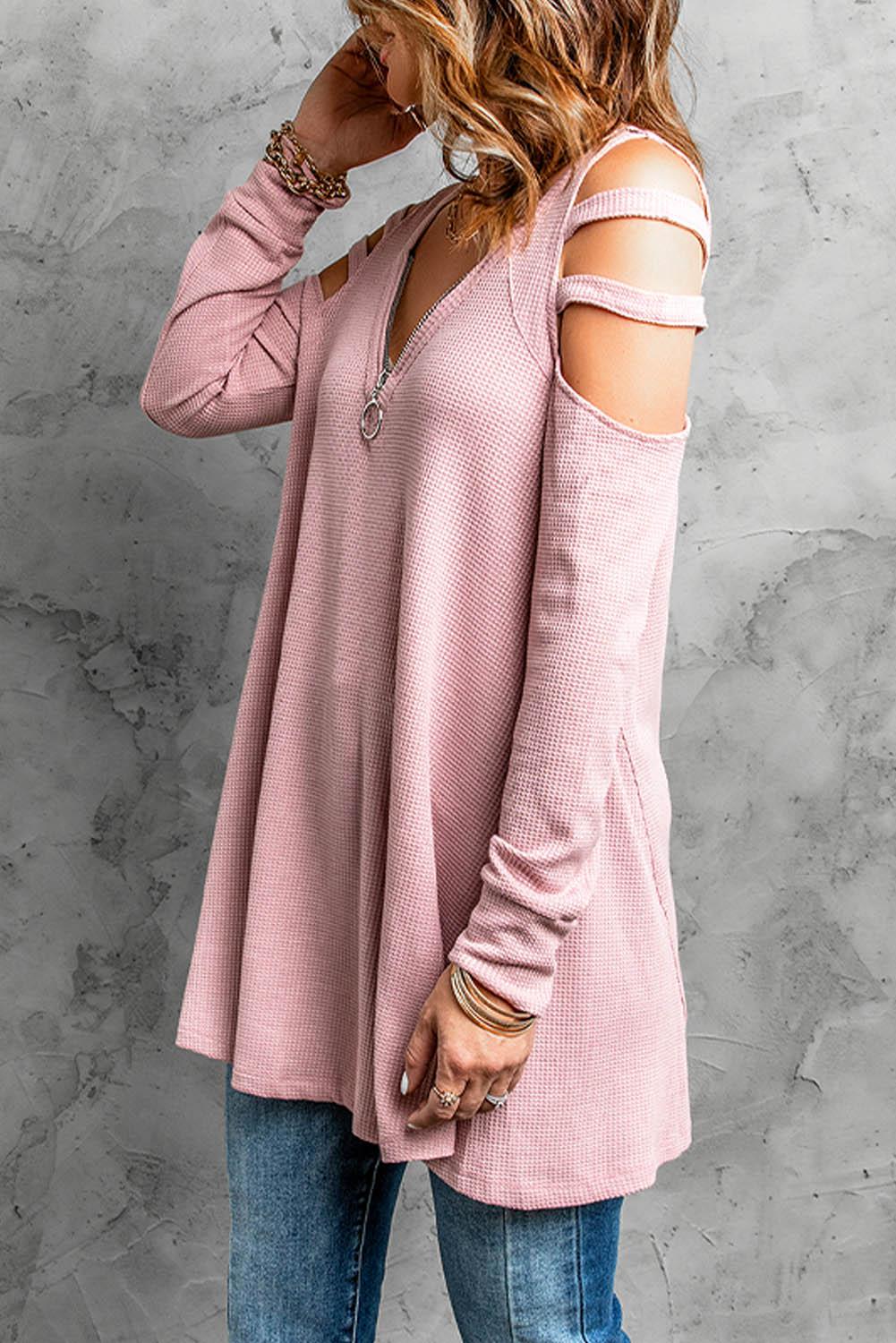 Cutout Waffle Knit Tunic Top - La Pink