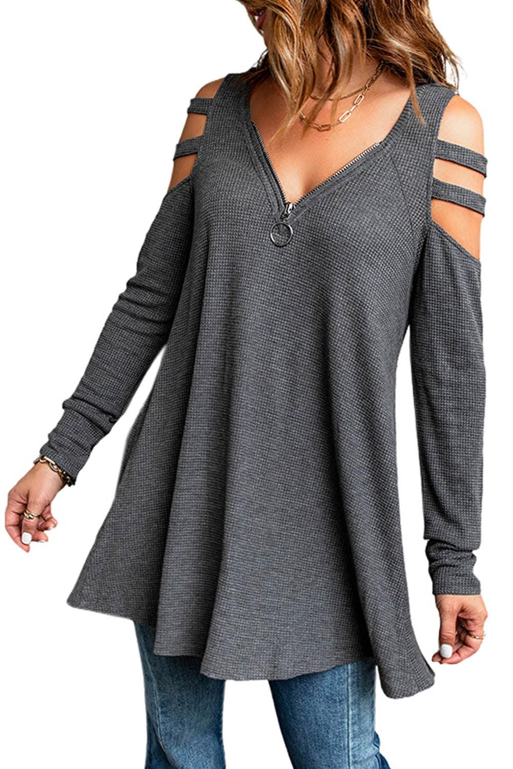 Cutout Waffle Knit Tunic Top - La Pink