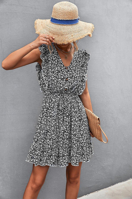 Ditsy Floral Ruffled V-Neck Dress - La Pink