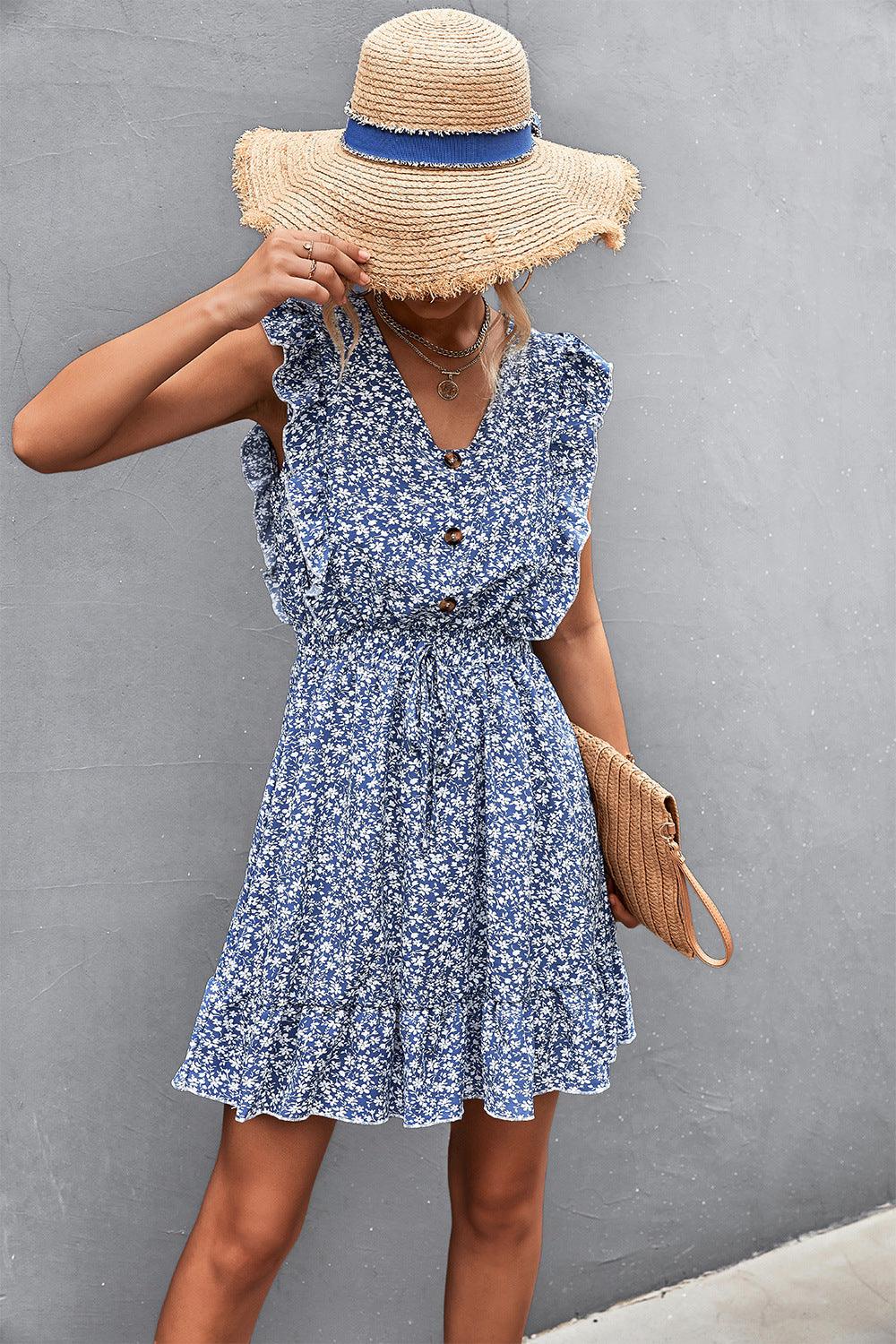 Ditsy Floral Ruffled V-Neck Dress - La Pink