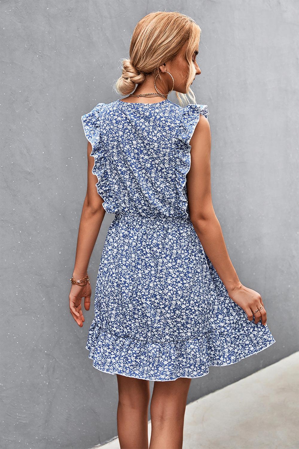 Ditsy Floral Ruffled V-Neck Dress - La Pink