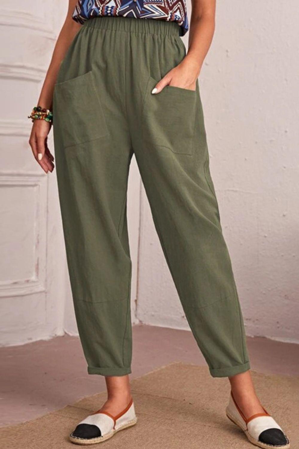 Elastic Waist Pocket Tapered Pants - La Pink