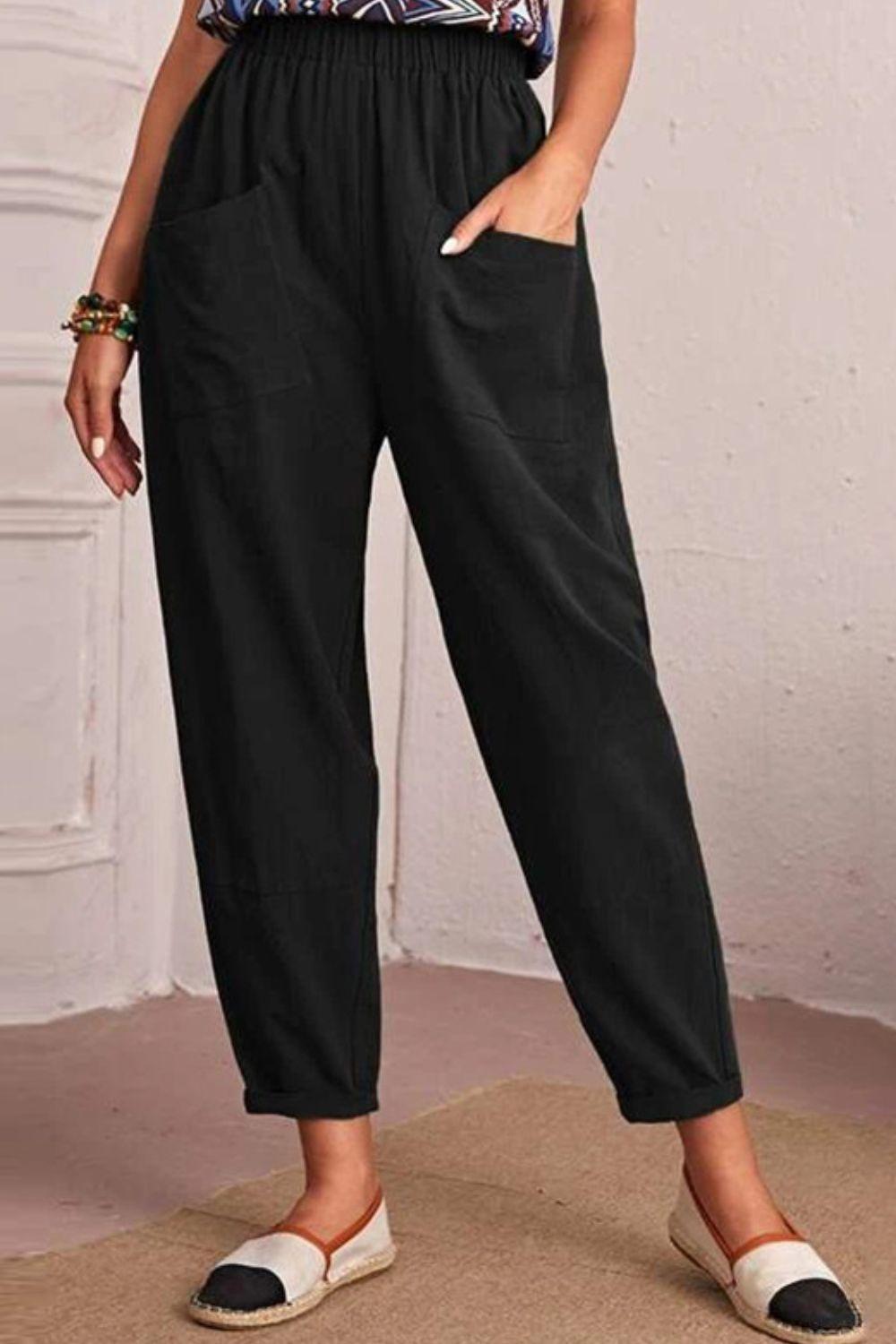 Elastic Waist Pocket Tapered Pants - La Pink