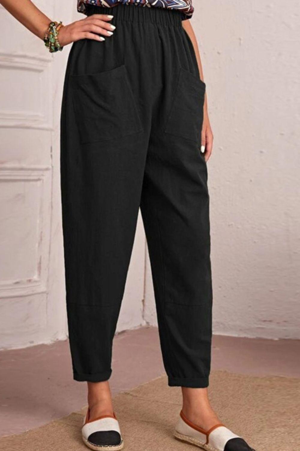 Elastic Waist Pocket Tapered Pants - La Pink