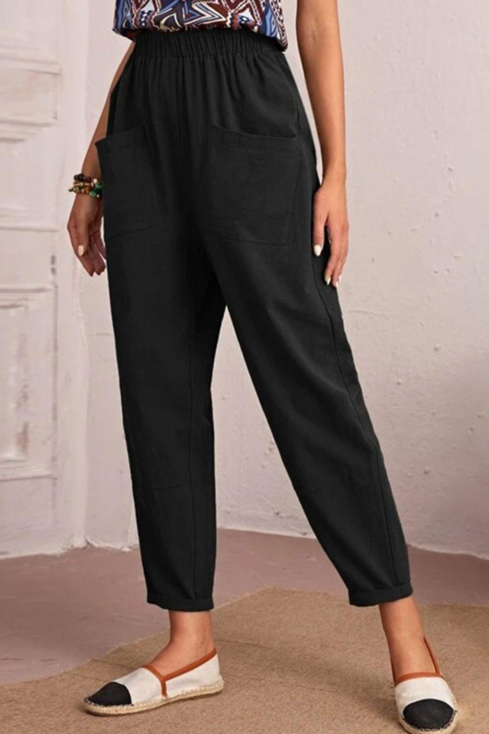 Elastic Waist Pocket Tapered Pants - La Pink