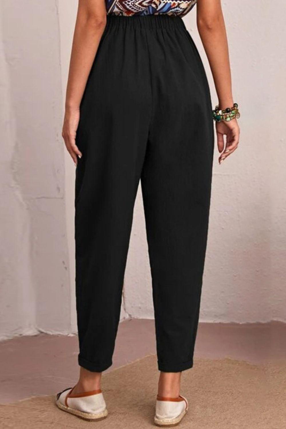 Elastic Waist Pocket Tapered Pants - La Pink