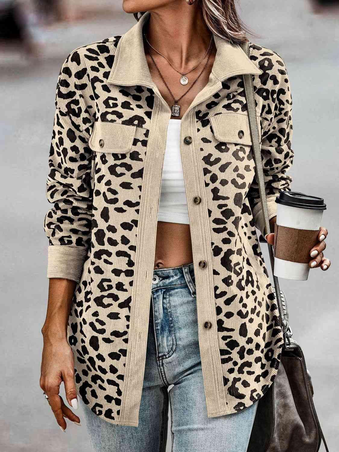 Full Size Leopard Buttoned Jacket - La Pink