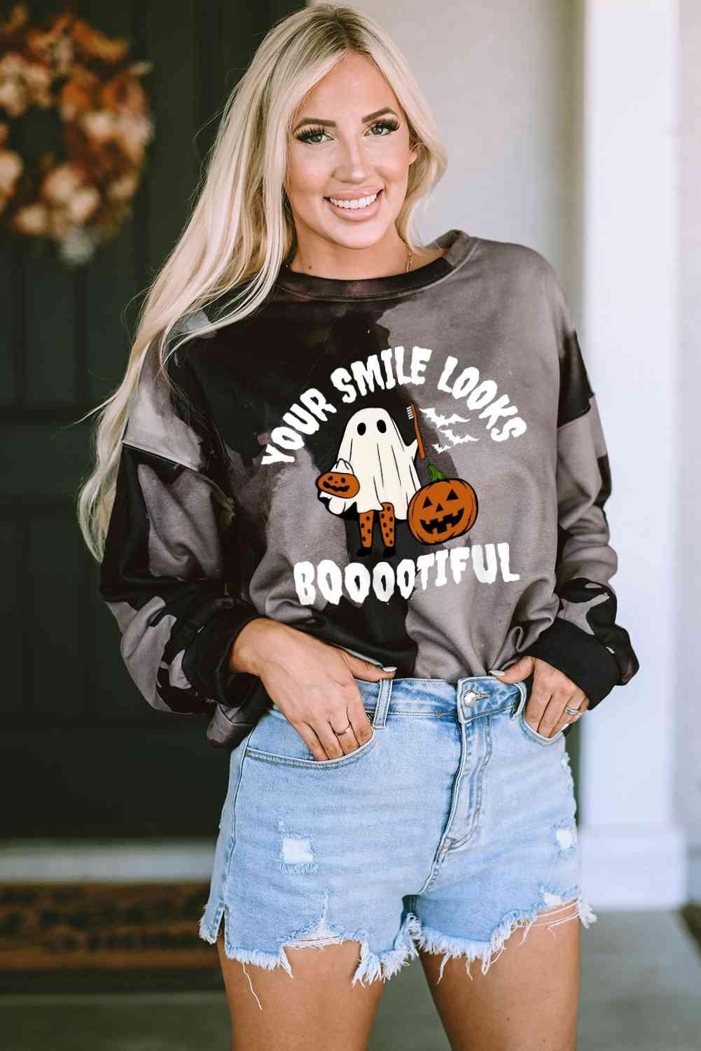 Ghost Graphic Round Neck Sweatshirt - La Pink