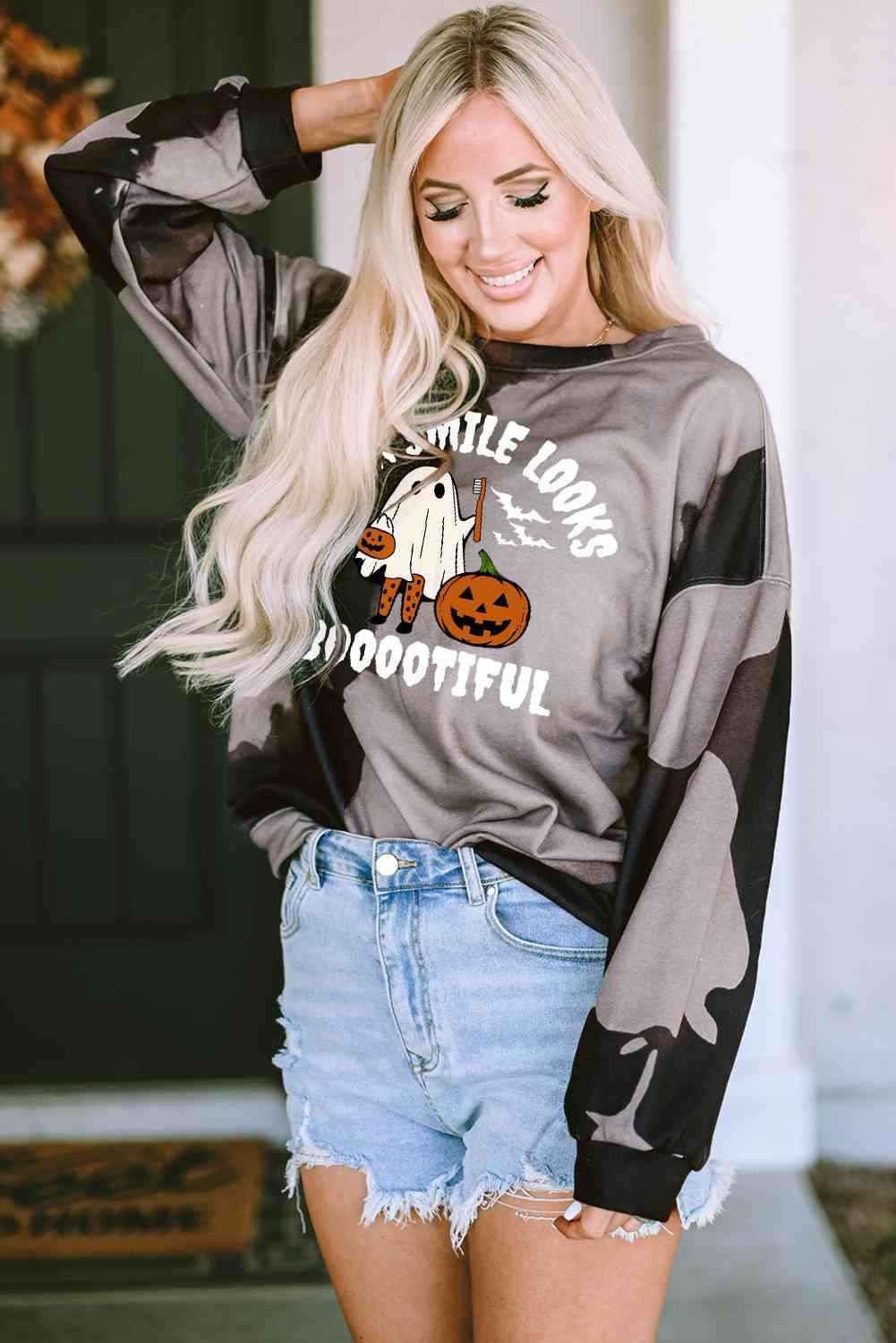 Ghost Graphic Round Neck Sweatshirt - La Pink